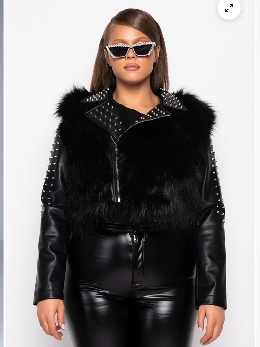 Faux Fur Studded Moto Jacket - Black